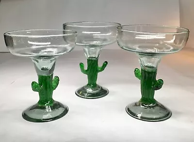 Mexican Art Glass Cactus Stem Margarita Glasses Each Is One Of A Kind Lot Of 3 • $25