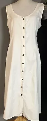 Vtg Women’s Midi A-Line Dress Sz L White Cotton Button Up Back Crisscross Tie • $34