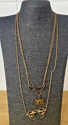 3 X Kitsch Gold Tone Glasses Camera Spectacles Necklace Photographer Optician • £2.99