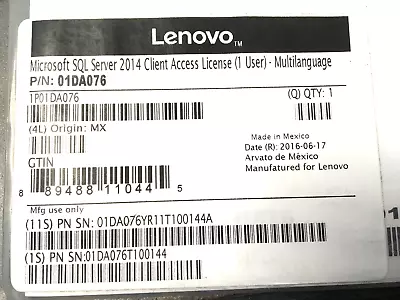 Lenovo Microsoft SQL Server 2014 1 User Multilingual 01DA076 NEW ✅❤️️✅❤️ SEALED • $49.99