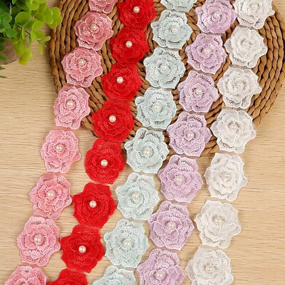 1 Yard Rose Flower Embroidered Trim Lace Ribbon Fabric DIY Wedding Dress Sewing • £3.99