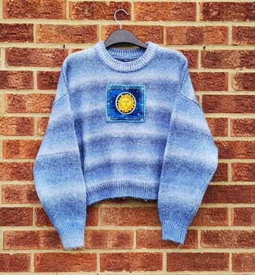 $56.41 • Buy Vintage Blue Striped Jumper Ombre Patterned Celestial Sun Reworked Top Sweater L