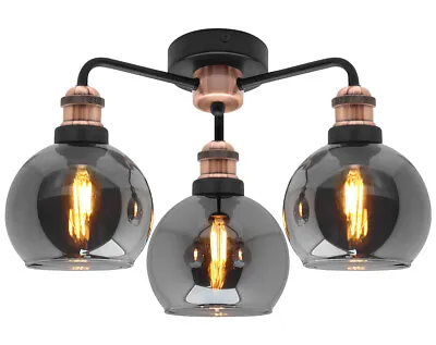 Modern Vintage Grey Glass Ceiling Light 3 Globe Shades Round Chandelier M0232 • £44.99