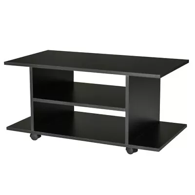 Rolling TV Stand Coffee Table Black Wooden Storage Shelves Castor Lock Wheels UK • £37.90