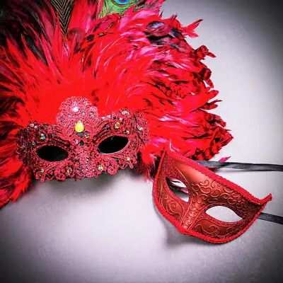 Men Women Party Couple Masquerade Masks Top Feather Venetian Phantom Mask Red • $9.99