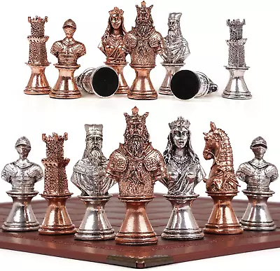 Vintage Figurine Metal Chess Set For Adults And Kids – Leather Chess Board With  • $82.99