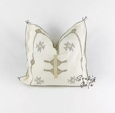Moroccan Handmade Cactus Silk Pillow Cover In White Sabra Pillow 20x20 Inch • $70