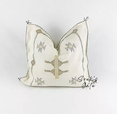 Moroccan Handmade Cactus Silk Pillow Cover In White Sabra Pillow 24x24 Inch • $80