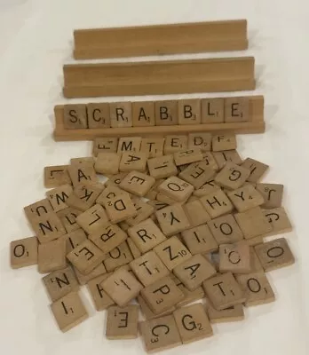 Vintage Wooden Scrabble Tiles Lot Of 97 Letters 3 Trays Crafts Replacements • $5