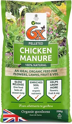 Vitax 6X Pelleted Chicken Manure 20kg Organic Fertilizer For Beautiful Gardens • £22.99