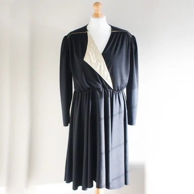 £20 • Buy After Six Ronald Joyce Black Vintage Gold Accent V-neck Knee Length Dress UK 14