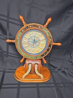 ⚓️Nautical Ships Wheel MANTLE CLOCK Wood Block&Tackle Brass Plate 13 T X 11 W • $45