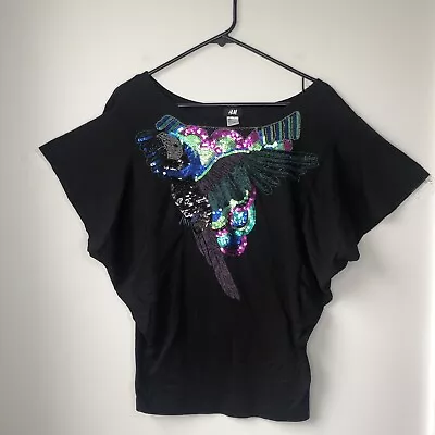 H&M Womens Sequin Bird Top Flutter Cap Sleeve Boatneck Cotton Modal Black Size S • $10