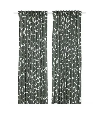 NEW IKEA ROSENANEMON White Dark Green Curtains 1 Pair 145x250cm 405.401.53 • £49.99