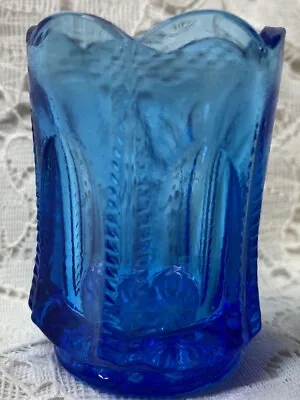$0.99 • Buy Aqua Blue Glass Toothpick Cobalt Q-tip Holder Match Zipper Fluted Pattern Round 