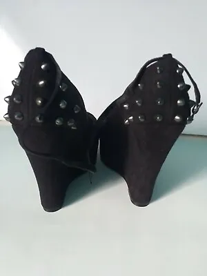  Size 6 Black Faux Suede Shoe With Studs & Ankle Strap 5.5  Heel Evening Wear • £12.99