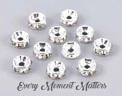 100 X SILVER RONDELLE RHINESTONE SPACER BEADS - GRADE A - 6mm And 8mm • £2.99