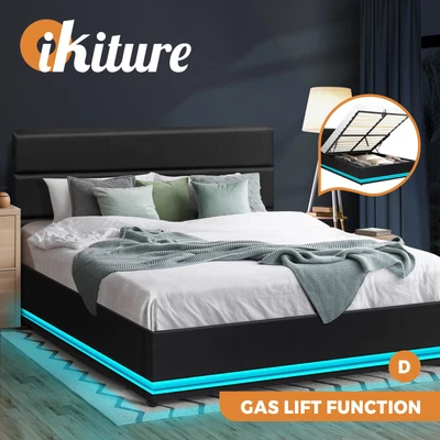 $369.90 • Buy Oikiture RGB LED Bed Frame Double Size Gas Lift Base With Storage Black Leather