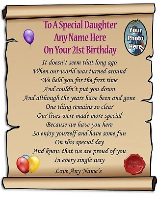 Personalised Photo & Name Daughter 21st Birthday Poem Laminated 10x8 Gift P37 • £3.99