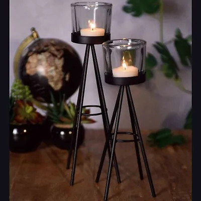 £9.99 • Buy 2 Metal Tripod Tealight Candle Stick Stand Glass Holder Set 8x19cm & 8x24cm Tall