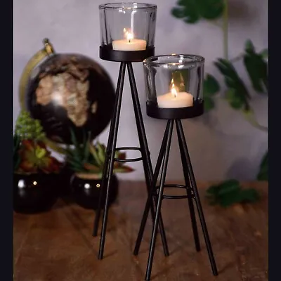 2 Metal Tripod Tealight Candle Stick Stand Glass Holder Set 8x19cm & 8x24cm Tall • £11.99