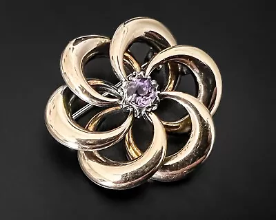 Vtg Symmetalic Amethyst Sterling Silver 14K Gold Flower Knot Brooch Pin • $50