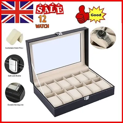 Mens 12 Grids Leather Display Watch Case Jewelry Collection Storage Holder Box • £11.98