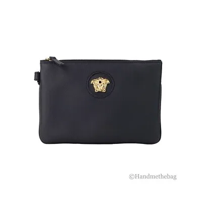 Versace Small Black Pebbled Leather Wristlet Clutch Pouch Evening Handbag • $609.74