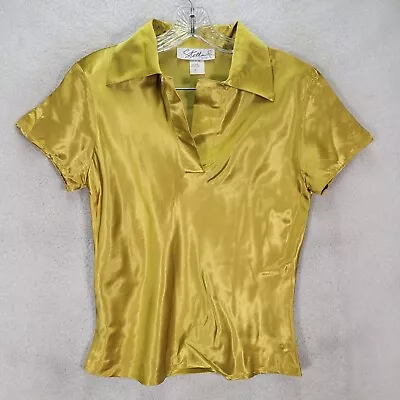 Vtg Stella Womens Top Size M Chartreuse Satin Pointed Collar Jay Cocktail Blouse • $13.27