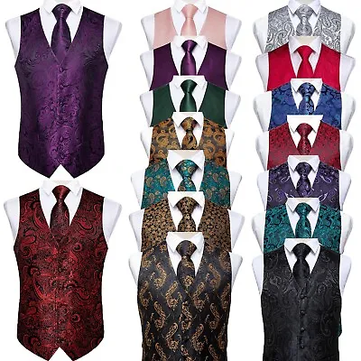 Mens Purple Red Paisley Vest Necktie Suit Waistcoat Hanky Cufflinks Set Wedding • $24.99