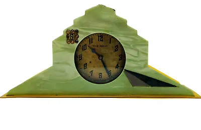 1930’s Mantel Green Clock New Haven Rhinestone Inlay Vintage Art Deco Working • $89