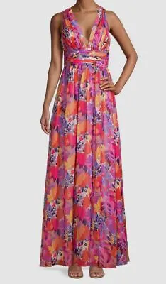 $295 Aidan Mattox Women Pink Pleated Floral Chiffon Gown Dress Size 2 • $82.78
