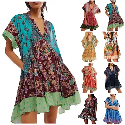 Women Boho  Dresses Flowy Dress Ruffle Mini Dress Deep V Neck Casual Floral • $25.17