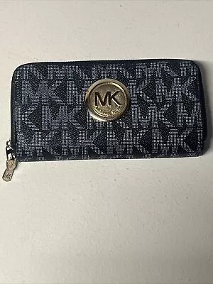 Michael Kors Black Leather Monogram Zip Around Wallet With Gold Emblem 8x4x2 • $35