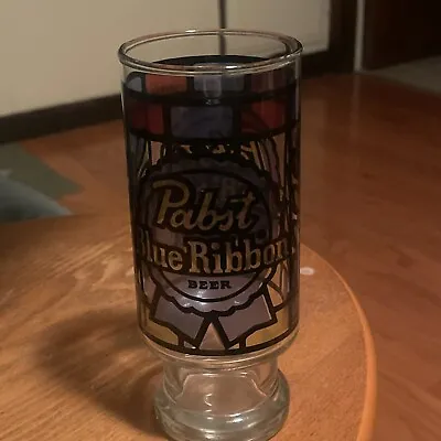 Colorful VINTAGE PABST BLUE RIBBON STAINED GLASS Beer Glass Barware 70'S • $16.99