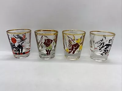 4 Vintage Shot Glasses Cannibals Jungle Monkey Black Cat Kitschy Mid-Century • $19.99