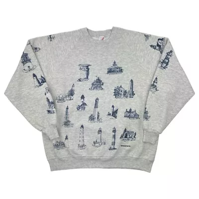 Vintage Jerzees Sweatshirt Michigan Lighthouse All Over Print Gray 2XL Made USA • $37.96