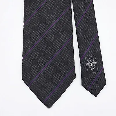 GUCCI TIE Guccissima Purple Striped On Black Woven Silk Necktie • $33