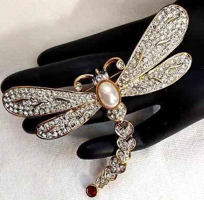 Massive Vintage Rhinestone Dragonfly W Articulated Tail Coat Or Shoulder Brooch • $43