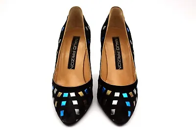 Womens Vintage Maud Frizon Shoes Black Suede Spool Heels Metallic Inserts US 6 • $80
