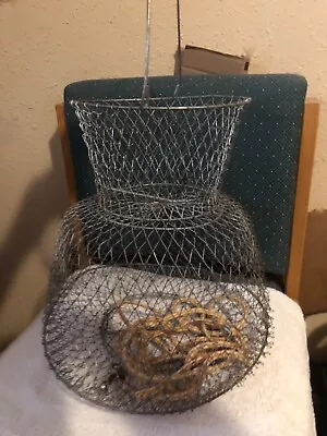 VINTAGE WIRE MESH FISHING STORAGE BASKET Collapsible 13  Wide 12 D • $27.95