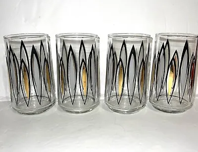 Vintage MCM Drinking Glasses Tumblers 5” Gold Black Frosted White Set Of 4 • $45
