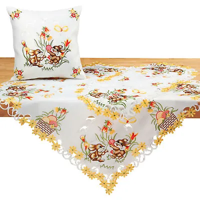 Easter Tablecloth Doily Table Runner White Bunny Yellow Tulip Flower Embroidery • £7.08