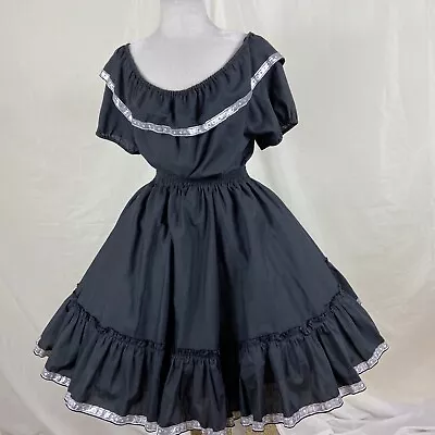 Square Dance Outfit Skirt Blouse 2pc Dress Black Silver Trim Ruffles VTG • $79