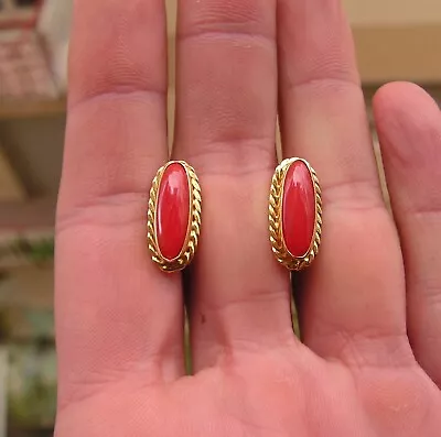 Vintage Genuine Untreated Coral Red Blood Of Ox Gold Earrings Italy Drop • $125.99