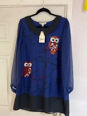 New Yumi  Lagenlook Blue/Black Owl Lined Dress - Size 16 BNWT • £29.99