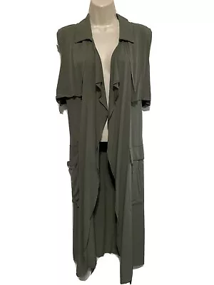 Mossimo Cardigan L Army Green Maxi Open Waterfall Front Pockets Belted Slit Side • $12