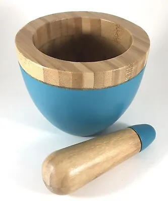 WOOD MORTAR & PESTLE SET Core Modern Bamboo Turquoise Aqua Color Trim 5  VGUC • $20