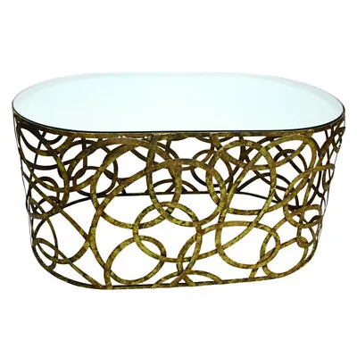 Elegant Mirror Top Iron Scroll Coffee Cocktail Table Open Oval Gold Modern • $999