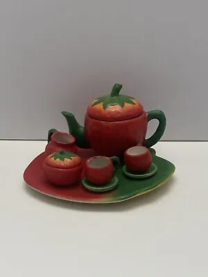 Vintage STRAWBERRY￼ Miniature TEA SET 3.5” Ceramic Dish Teapot Plates Cup CUTE! • $19.99